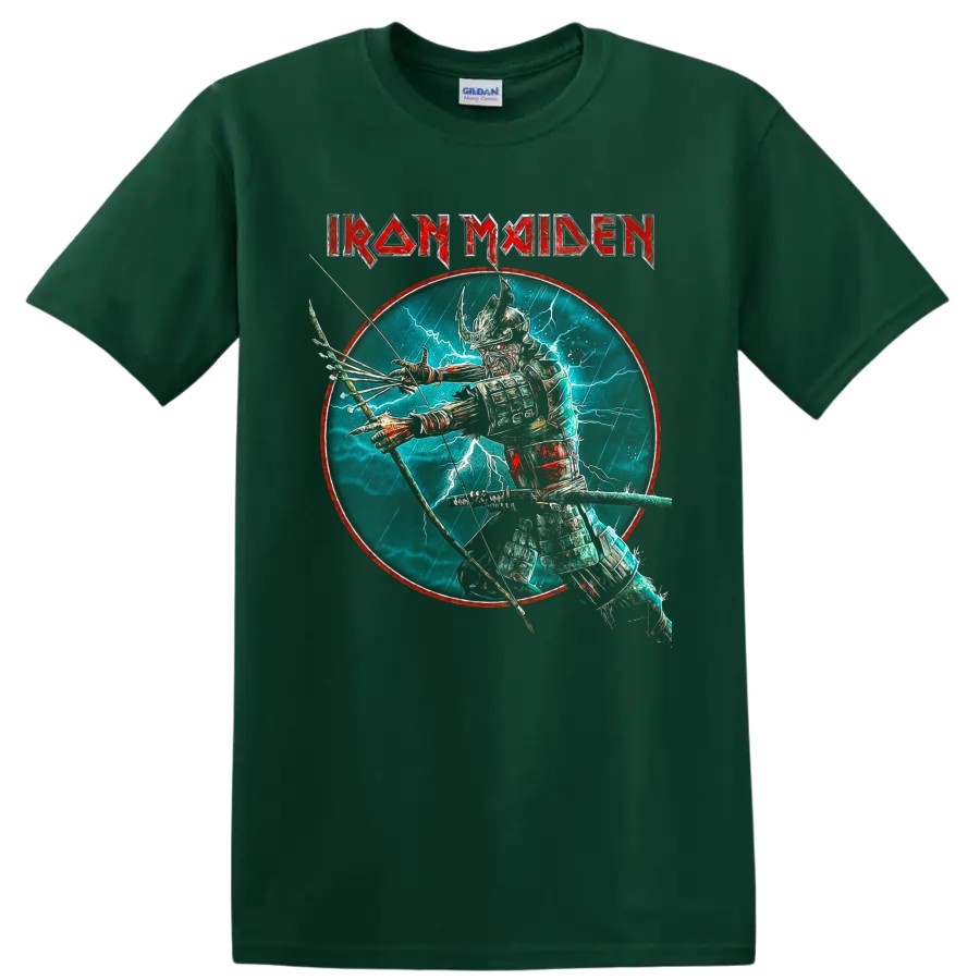 Iron Maiden Eddie the Head samurai archer graphic with lightning and band logo on a Forest Green T Shirt