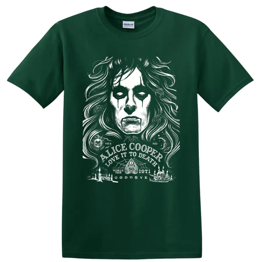 Alice Cooper Love It to Death gothic face illustration with occult symbols and candles on a Forest Green T Shirt