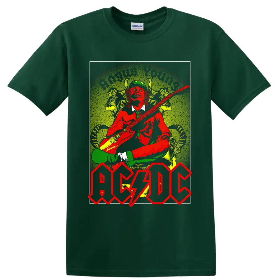 Angus Young guitar performance in distressed AC/DC vintage rock-poster artwork on a Forest Green T Shirt