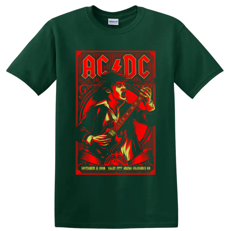 AC/DC Black Ice World Tour poster art with Angus Young playing electric guitar on a Forest Green T Shirt