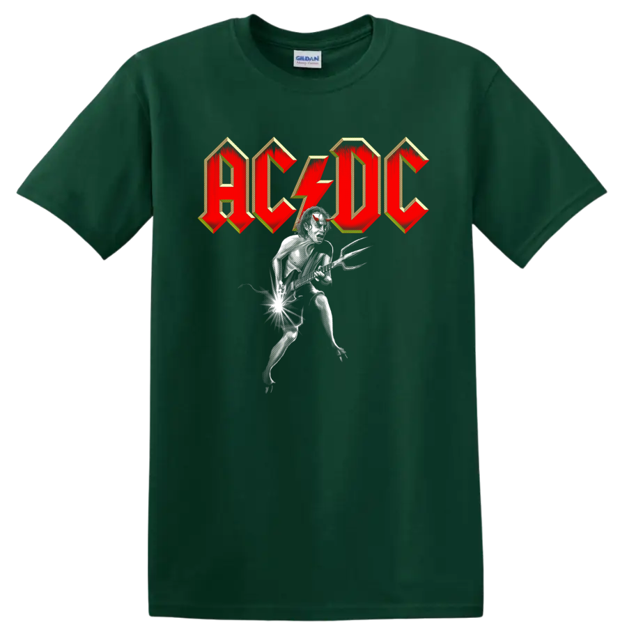 AC/DC logo with a monochrome devil guitarist and electric guitar graphic on a Forest Green T Shirt
