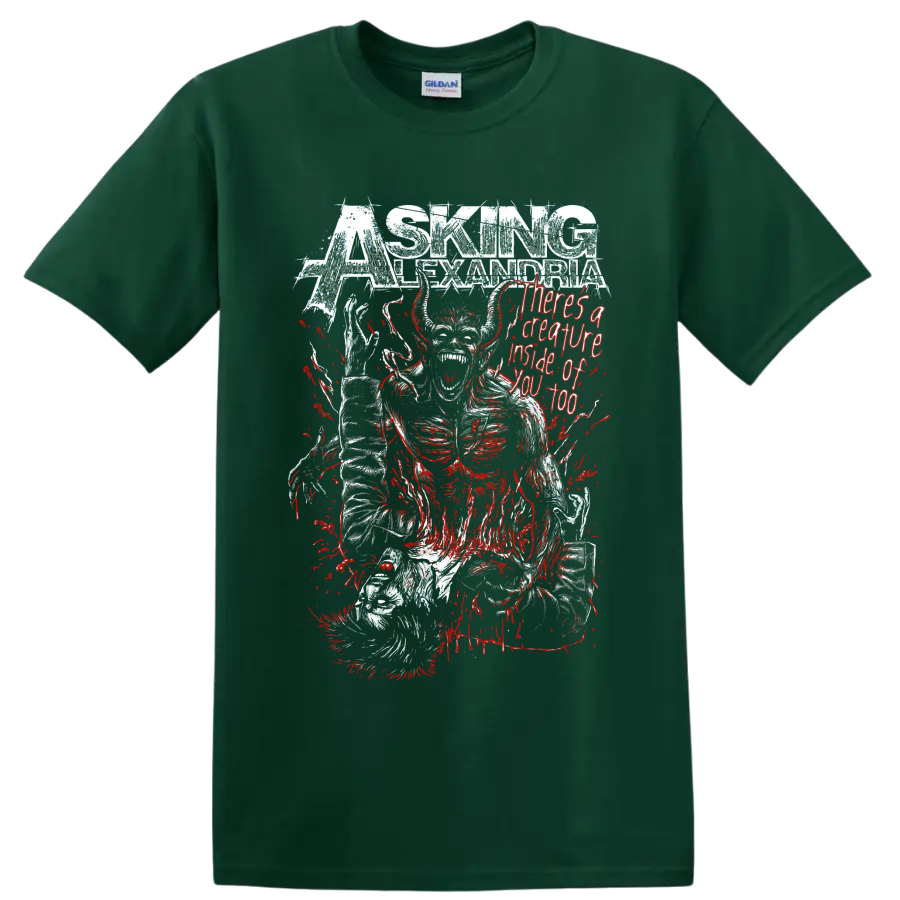 Asking Alexandria horned creature horror graphic with red splatter and distressed on a Forest Green T Shirt