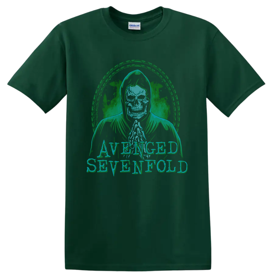 Avenged Sevenfold hooded skull Deathbat-inspired distressed rock graphic on a Forest Green T Shirt