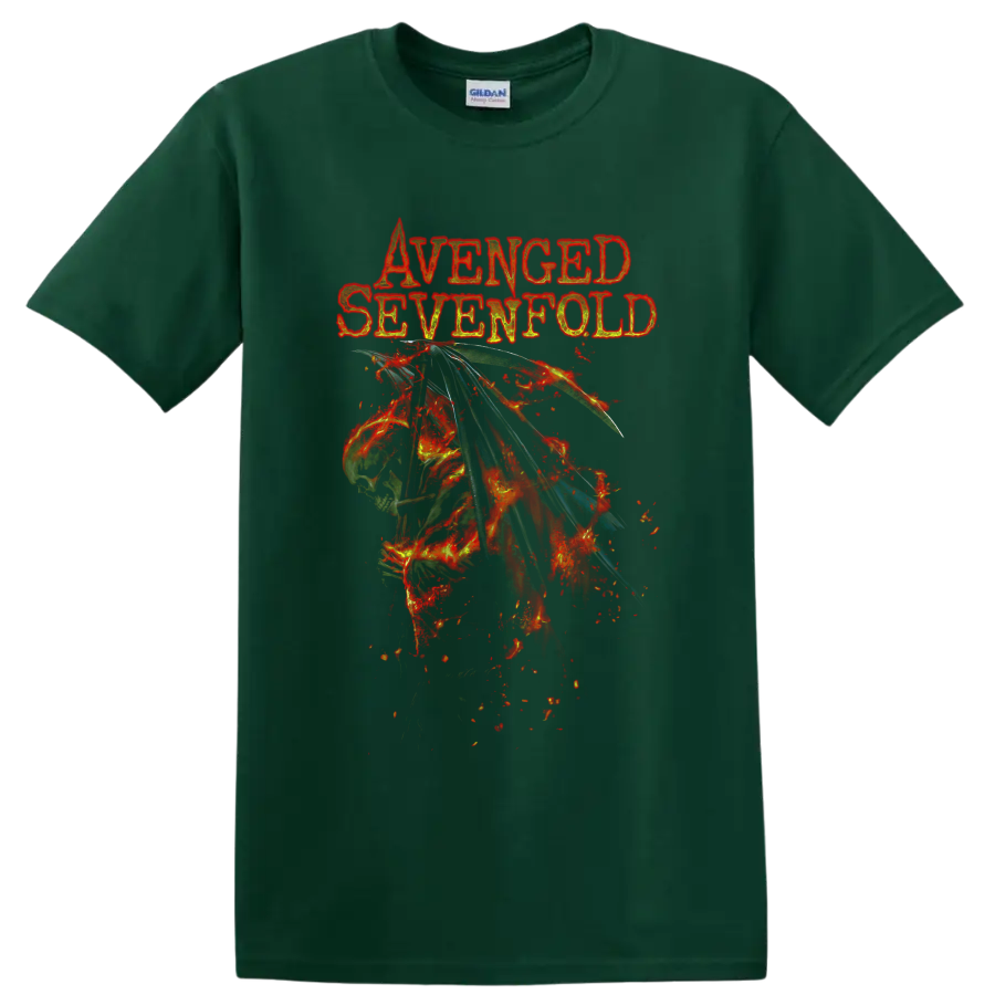 Avenged Sevenfold distressed fiery winged skull graphic with band name lettering on a Forest Green T Shirt