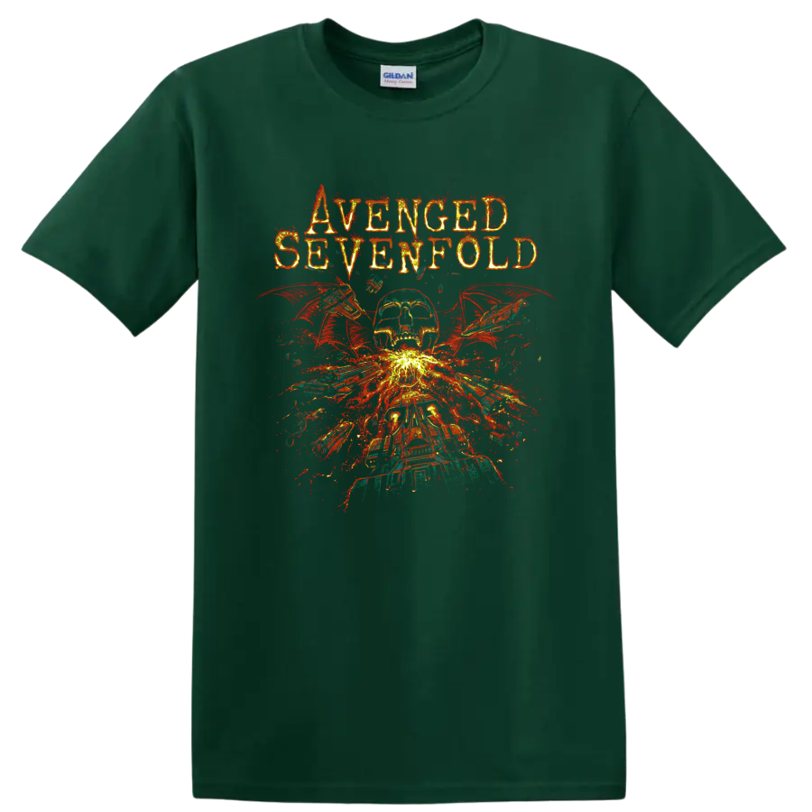 Avenged Sevenfold Deathbat skull with wings and fiery distressed explosion graphic on a Forest Green T Shirt