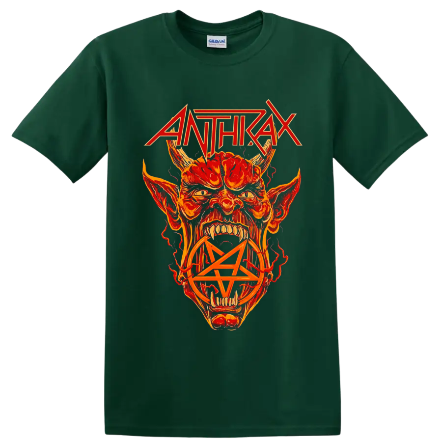 Anthrax logo above fiery horned demon artwork with a pentagram on a Forest Green T Shirt