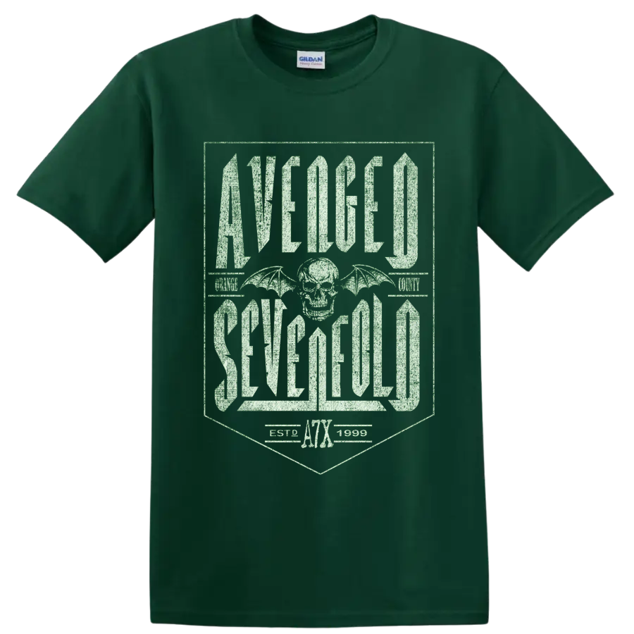 Avenged Sevenfold Deathbat skull and wings with distressed gothic lettering and A7X on a Forest Green T Shirt