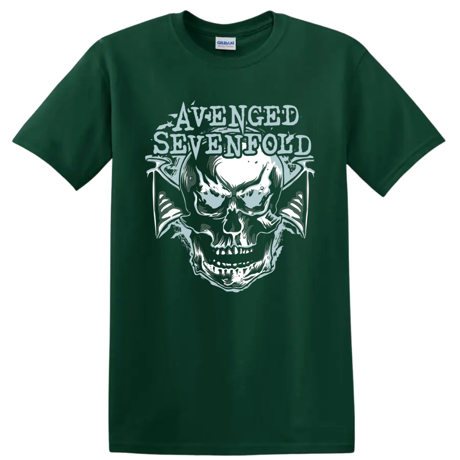 Avenged Sevenfold Deathbat skull with bat wings in distressed metal graphic style on a Forest Green T Shirt