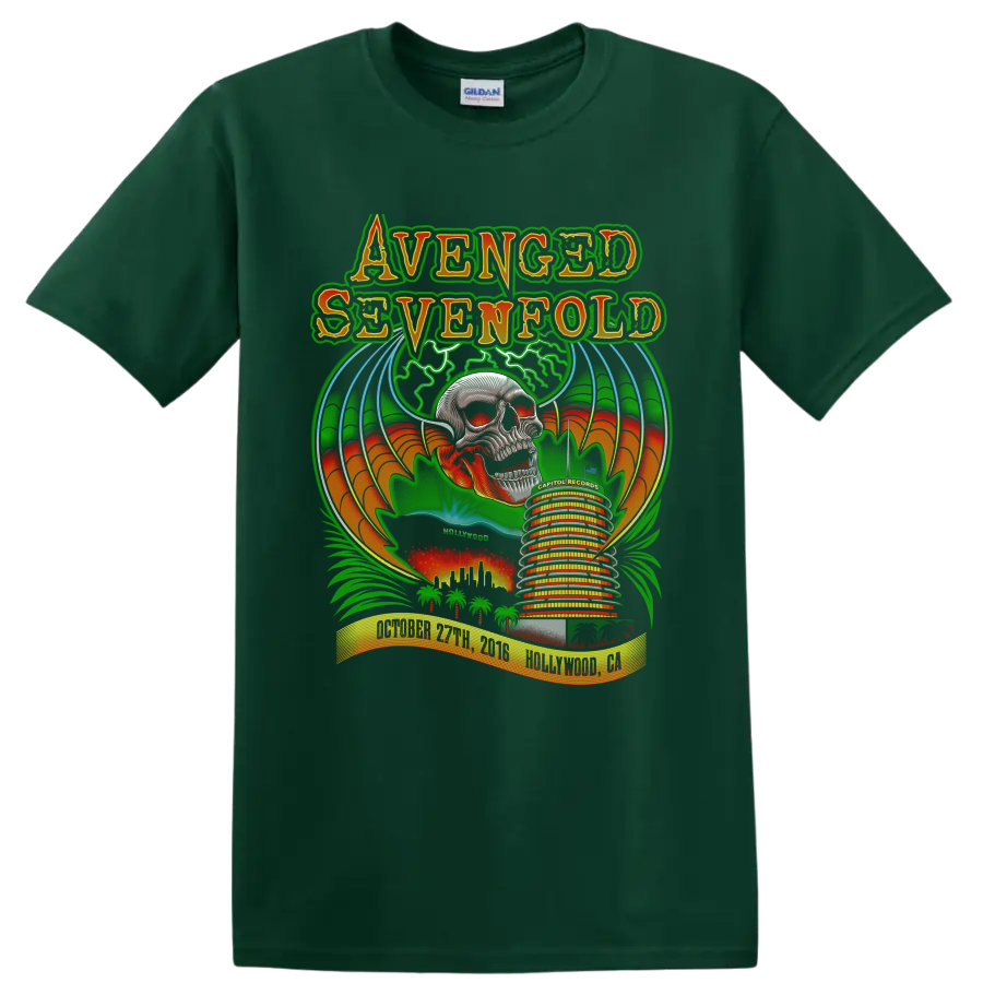Avenged Sevenfold Hollywood skull concert poster graphic with bats, palms, and Capitol on a Forest Green T Shirt