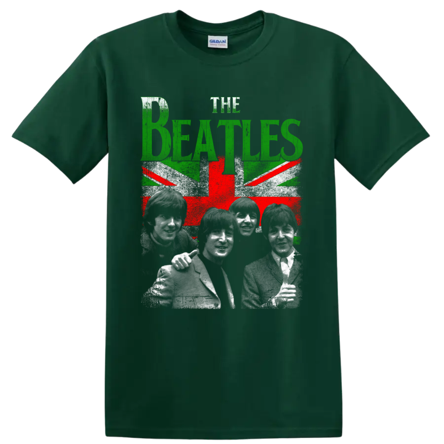 The Beatles portraits with distressed green lettering and Union Jack-inspired graphic on a Forest Green T Shirt