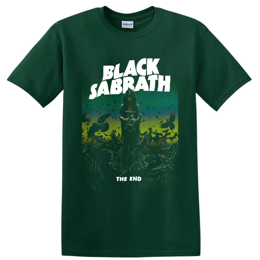 Black Sabbath The End Tour gothic reaper and hourglass graphic print on a Forest Green T Shirt