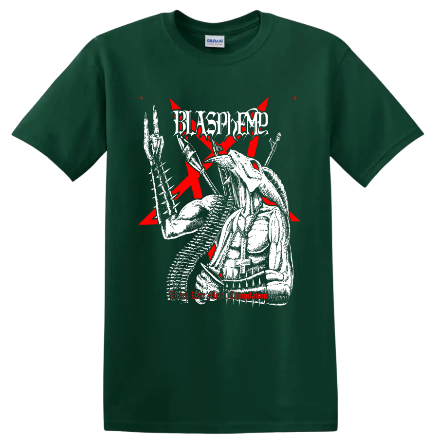 Blasphemy skeletal armored warrior graphic with red crosses and distressed logo on a Forest Green T Shirt