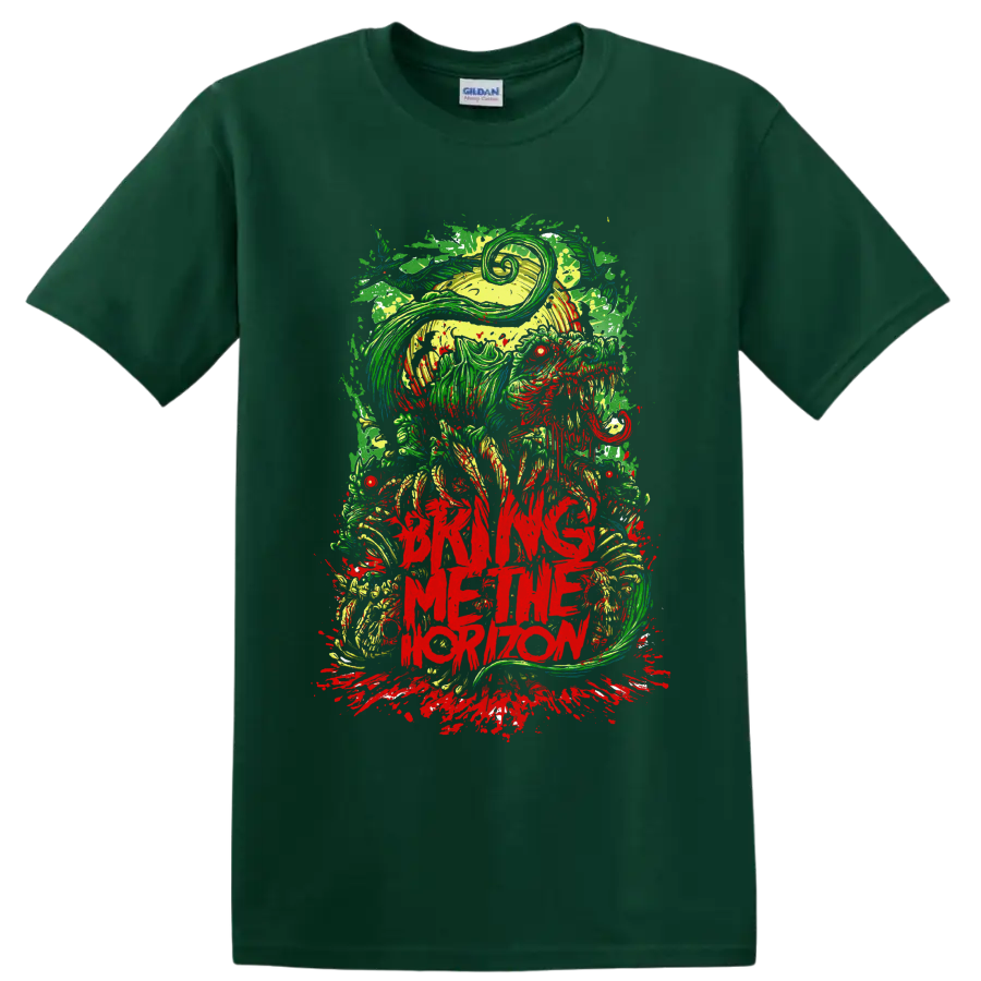 Bring Me the Horizon neon hooded skull horror graphic with red splatter on a Forest Green T Shirt