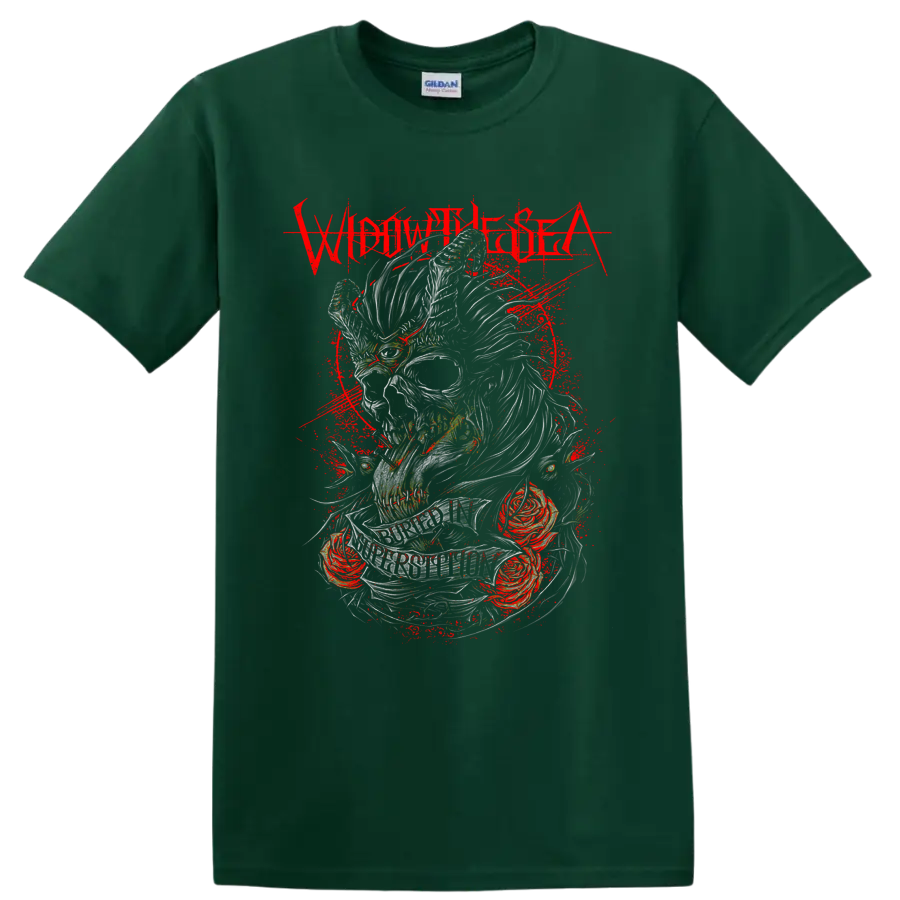 Widow the Sea skull and roses graphic with distressed red splatter on a Forest Green T Shirt