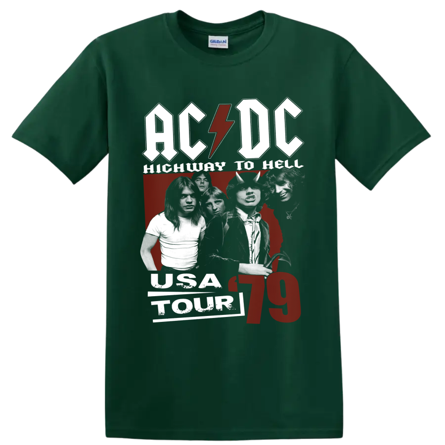 AC/DC Highway to Hell USA Tour 79 band photo collage with lightning-bolt logo on a Forest Green T Shirt