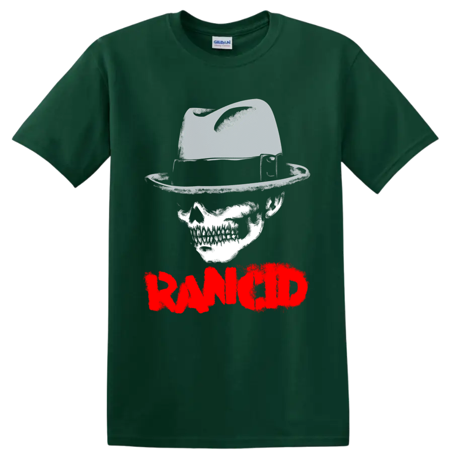 Rancid skull and raised boot graphic with distressed red wordmark on a Forest Green T Shirt