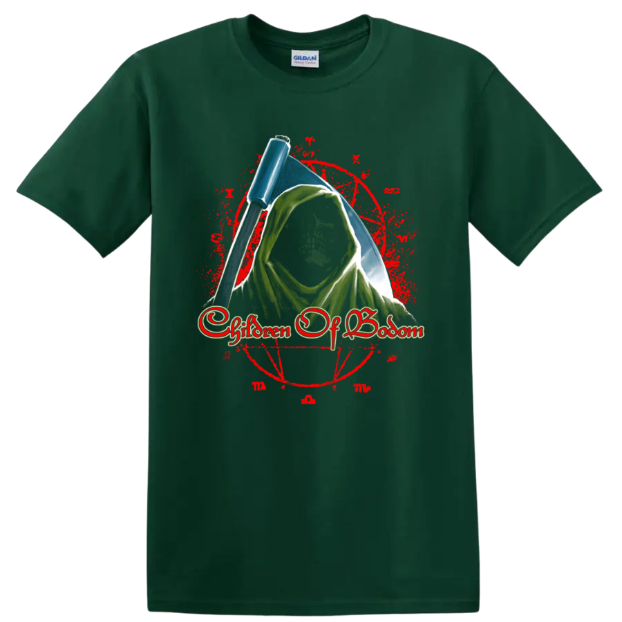 Children of Bodom Roy reaper mascot with blue scythe and distressed red circle on a Forest Green T Shirt