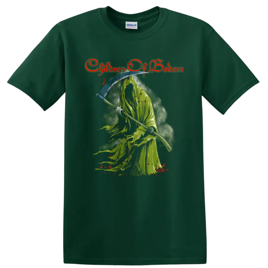 Children of Bodom logo above a distressed hooded reaper holding a scythe on a Forest Green T Shirt