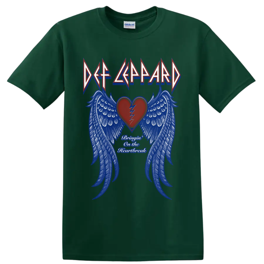Def Leppard Bringin' on the Heartbreak broken heart and blue wing graphic on a Forest Green T Shirt