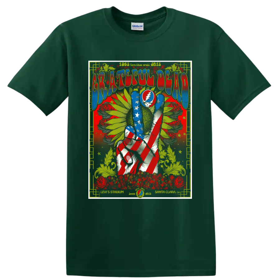 Grateful Dead Fare Thee Well psychedelic poster with lightning-bolt skull and dancing on a Forest Green T Shirt