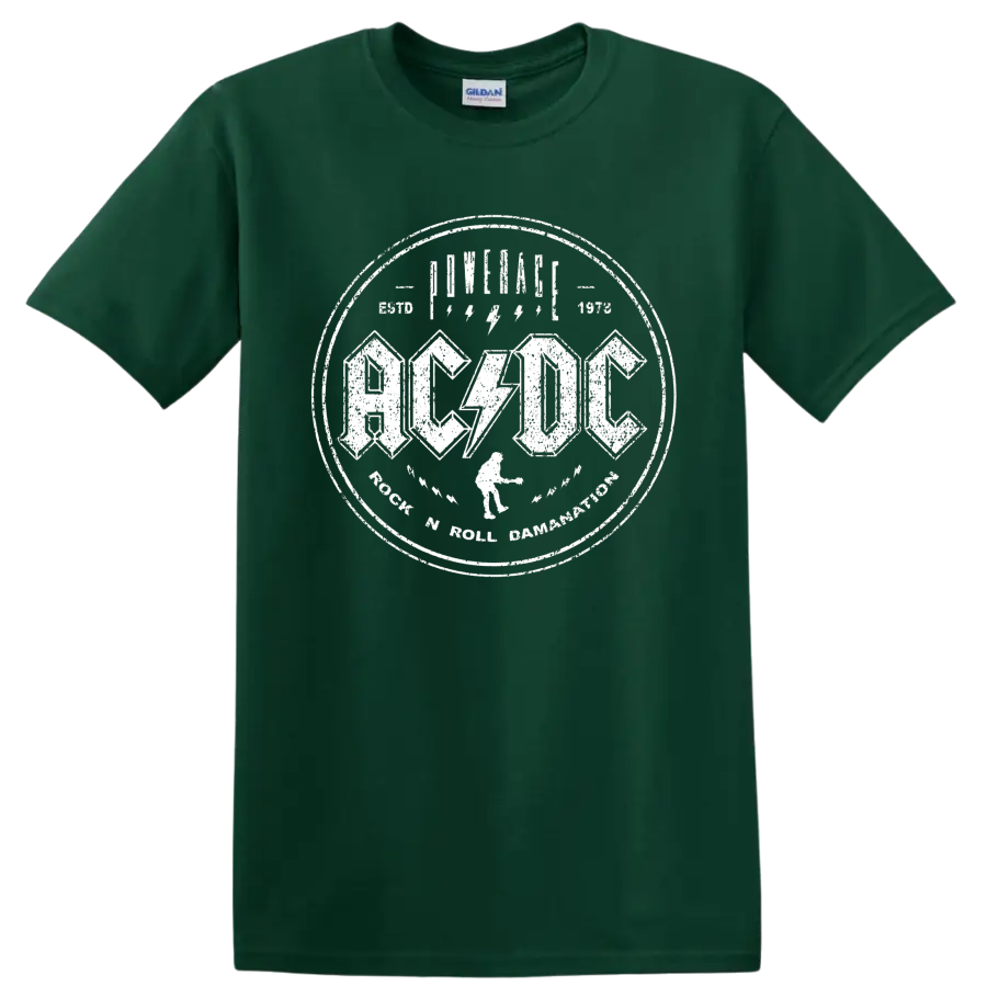AC/DC Rock 'N' Roll Damnation distressed circular logo with lightning bolts on a Forest Green T Shirt