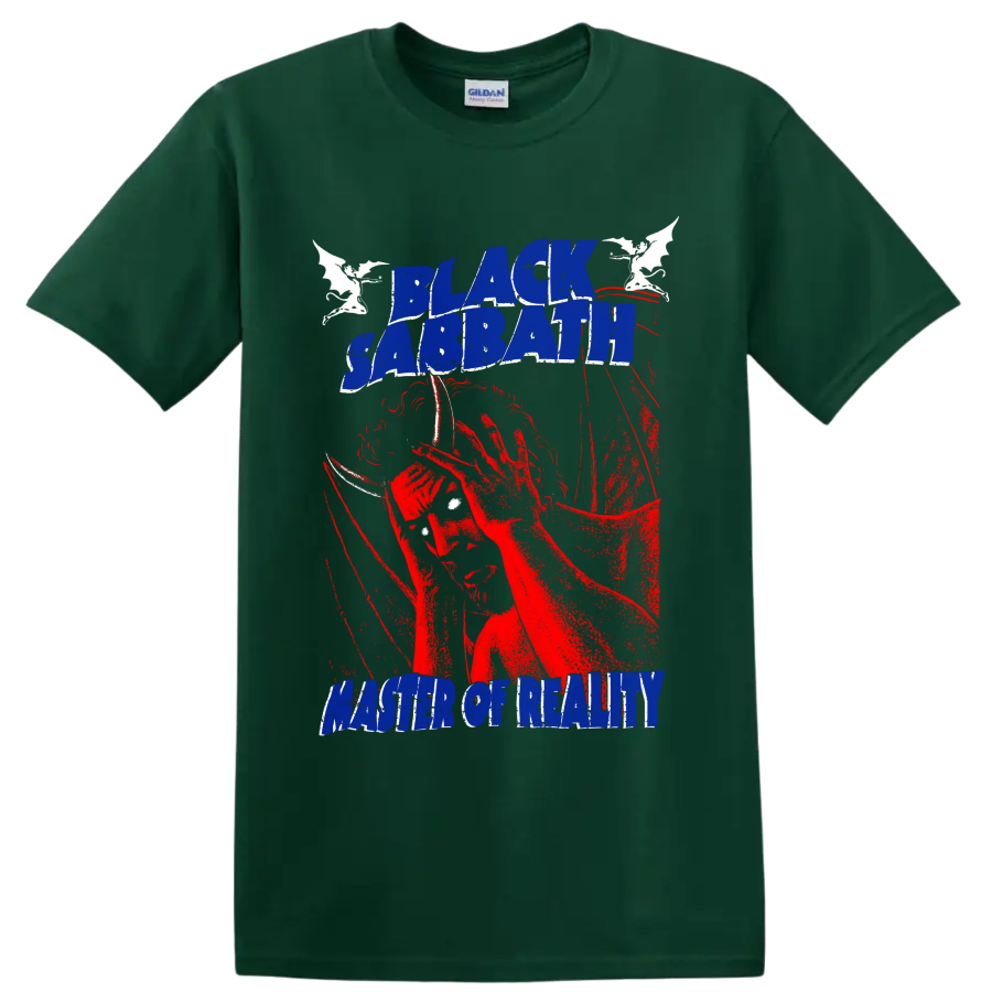 Black Sabbath Master of Reality distressed lettering with red guitarist and bats on a Forest Green T Shirt