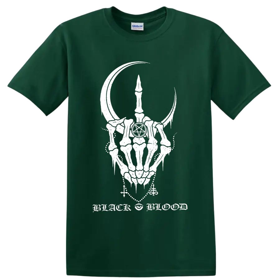 Corrosion of Conformity Black Blood horned skull, pentagram, and crescent gothic graphic on a Forest Green T Shirt
