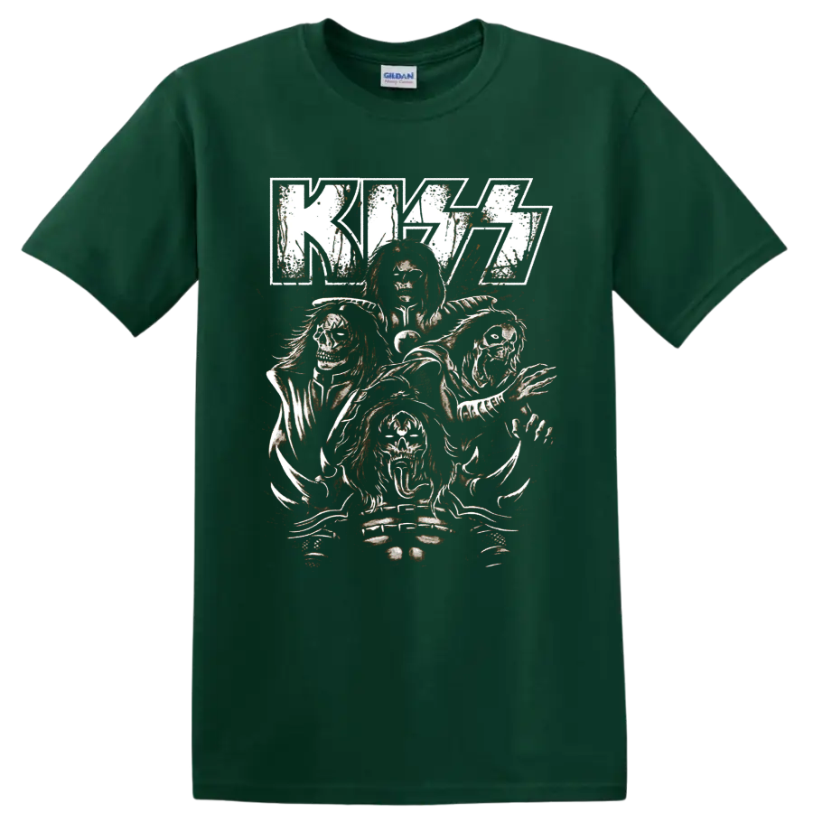 KISS logo with four distressed skull-faced rock figures and red splatter art on a Forest Green T Shirt