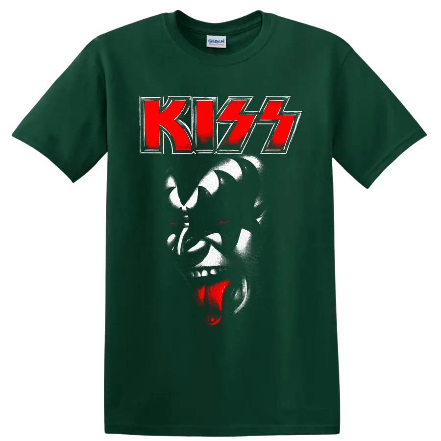 KISS red logo above distressed Demon face with red eyes and tongue graphic on a Forest Green T Shirt
