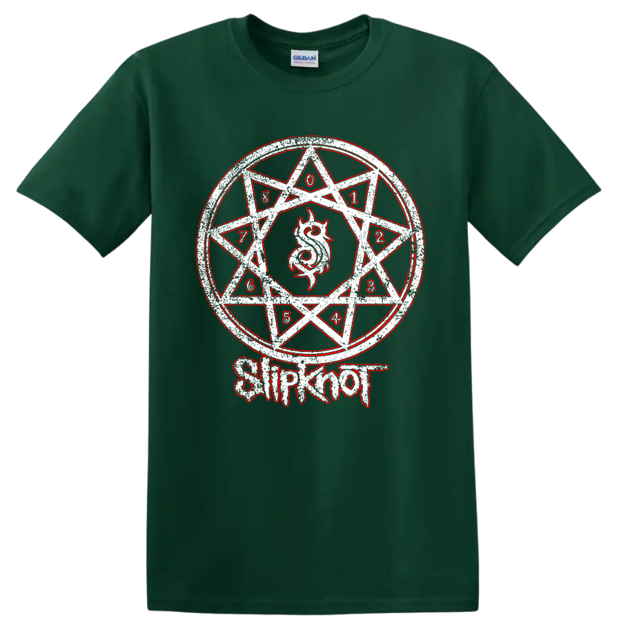 Distressed Slipknot numbered nonagram with horned emblem and red-and-white metal art on a Forest Green T Shirt
