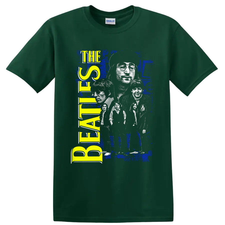 The Beatles distressed blue and yellow portrait collage with vertical band lettering on a Forest Green T Shirt