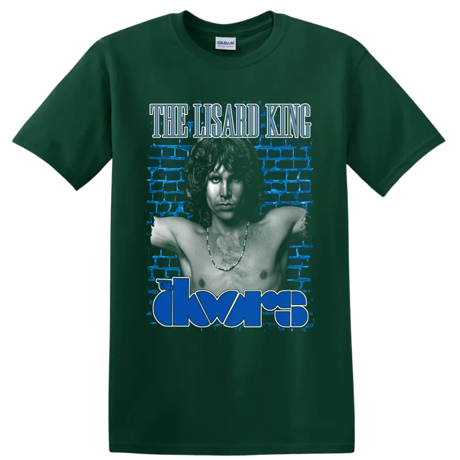 Jim Morrison The Lizard King portrait with The Doors logo and blue brick wall on a Forest Green T Shirt