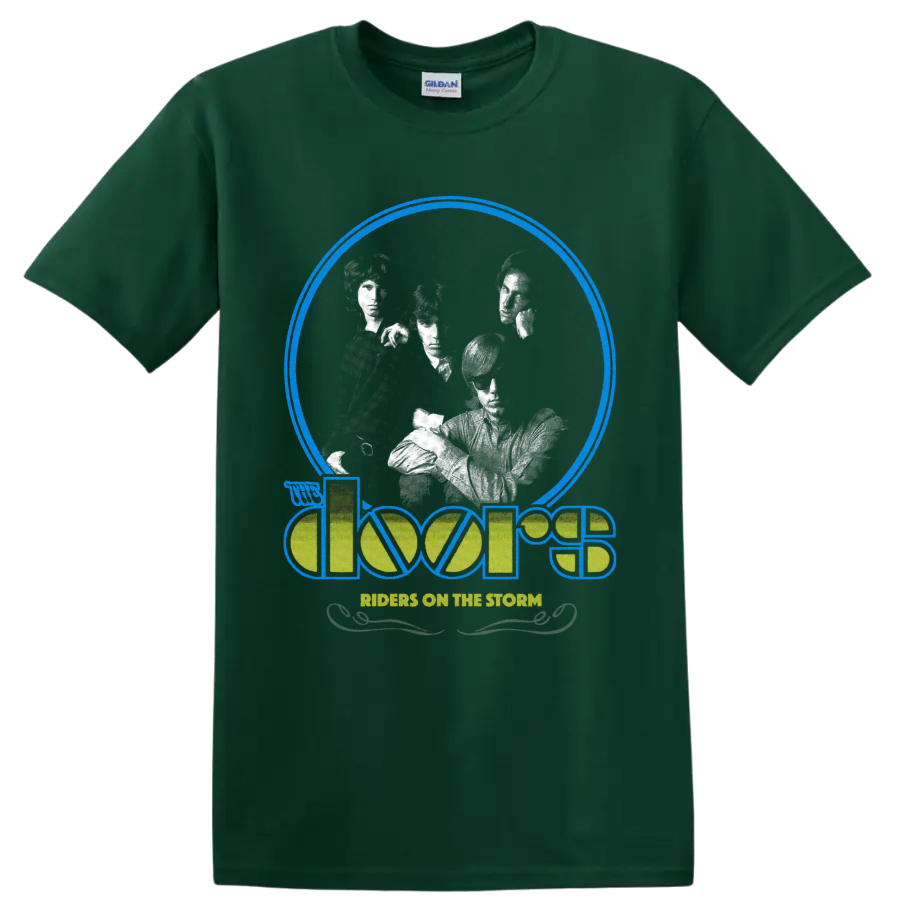 The Doors Riders on the Storm retro graphic with grayscale band portraits and logo on a Forest Green T Shirt