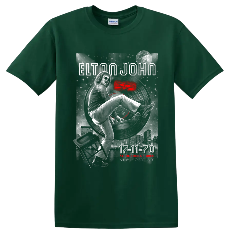 Elton John 17-11-70 vintage poster graphic with piano, moon, skyline, and red accents on a Forest Green T Shirt