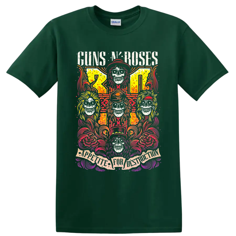 Guns N' Roses Appetite for Destruction skull and roses psychedelic rock art on a Forest Green T Shirt