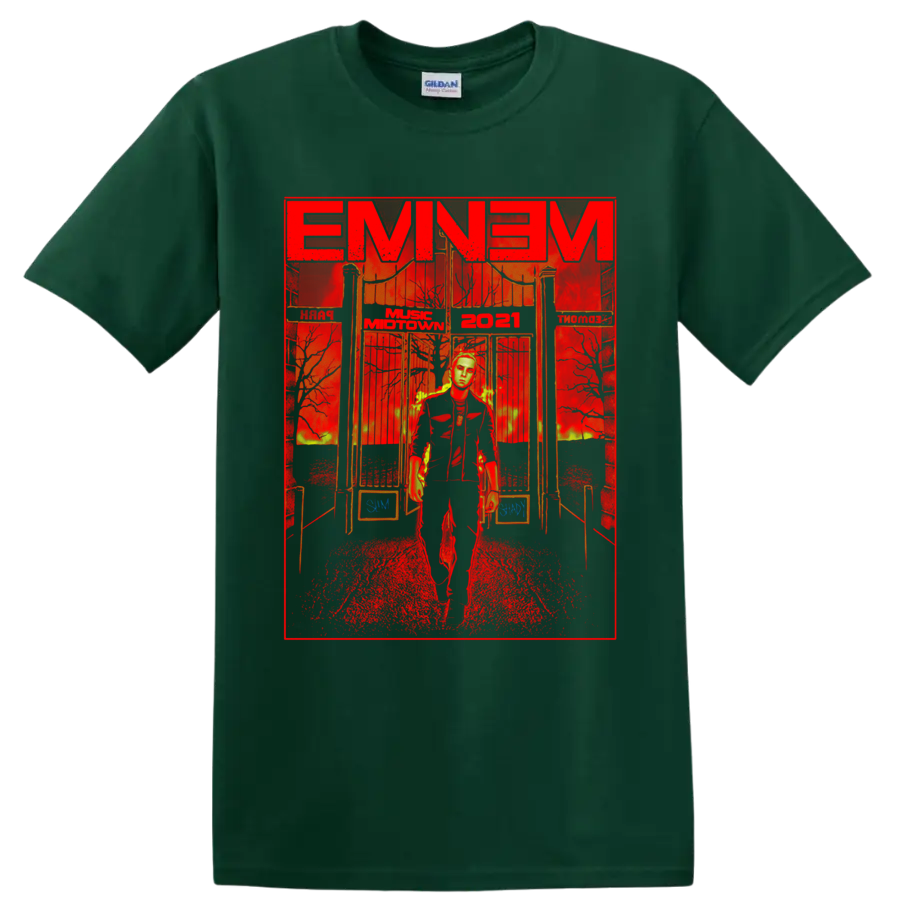 Eminem in a dramatic red and gold Music Midtown 2021 festival performance graphic on a Forest Green T Shirt