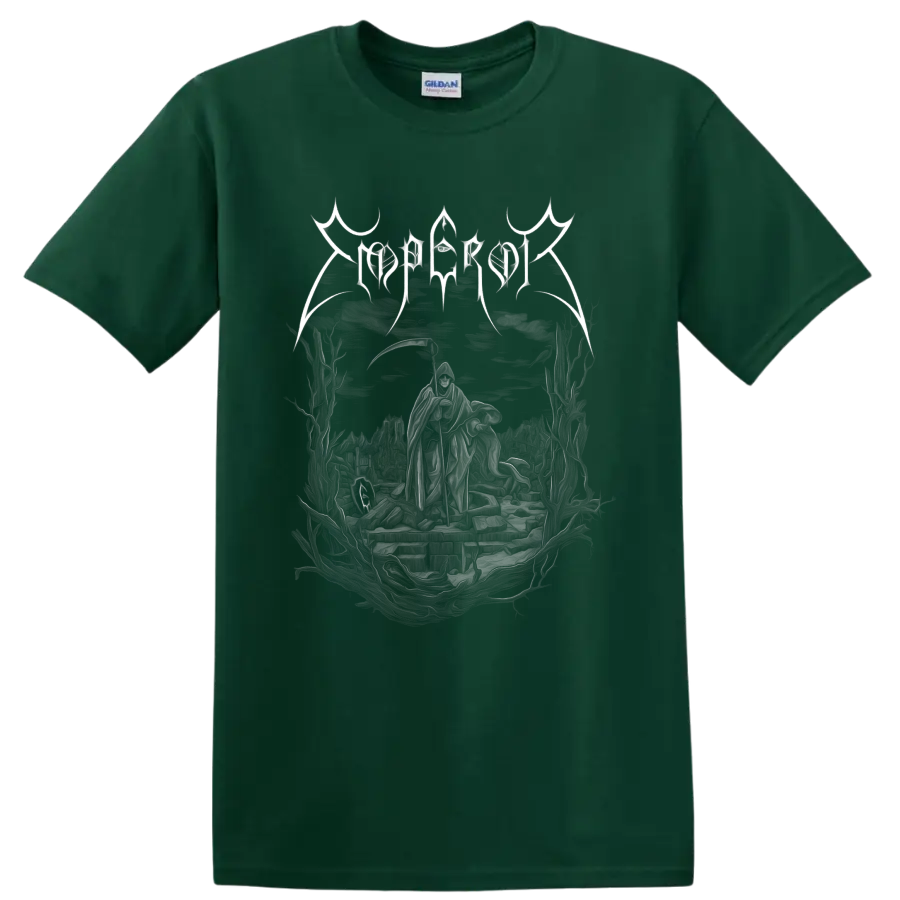 Emperor gothic logo above hooded figures in a dark black metal fantasy landscape on a Forest Green T Shirt