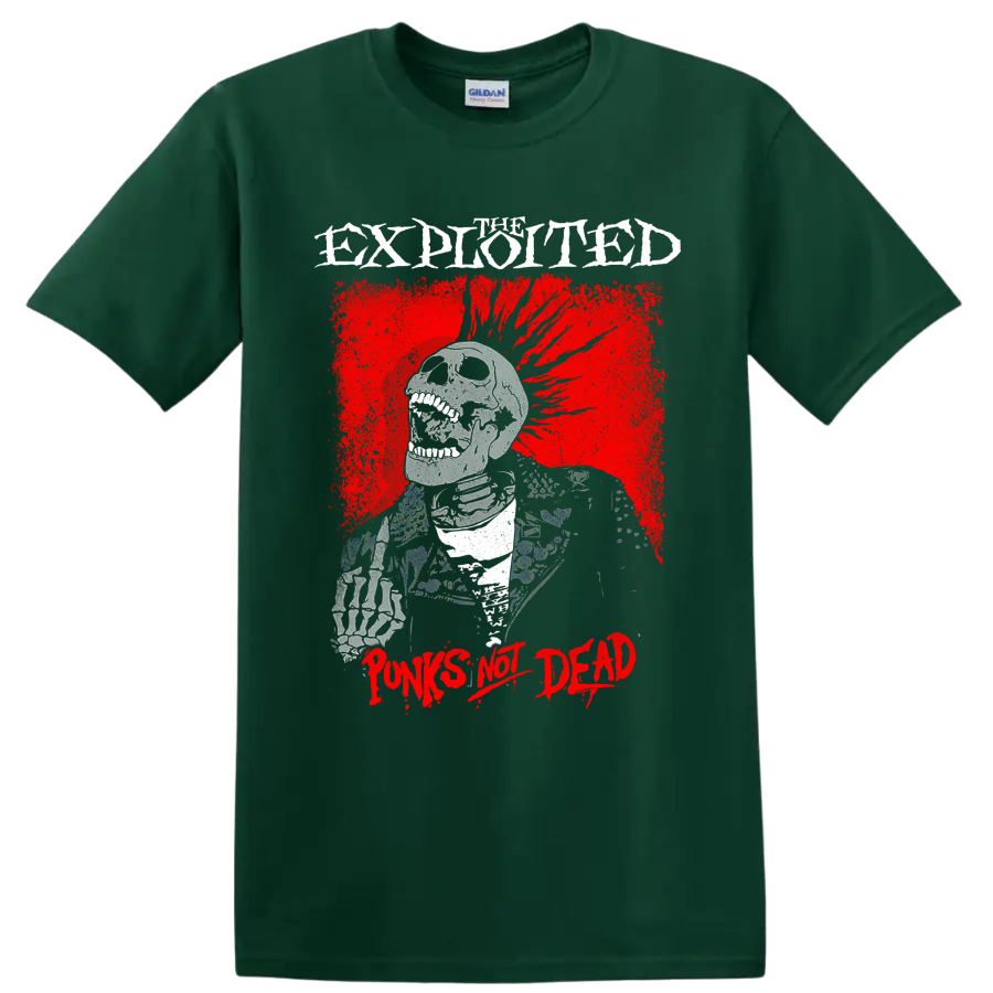 The Exploited Punks Not Dead skeletal punk graphic with distressed red artwork on a Forest Green T Shirt