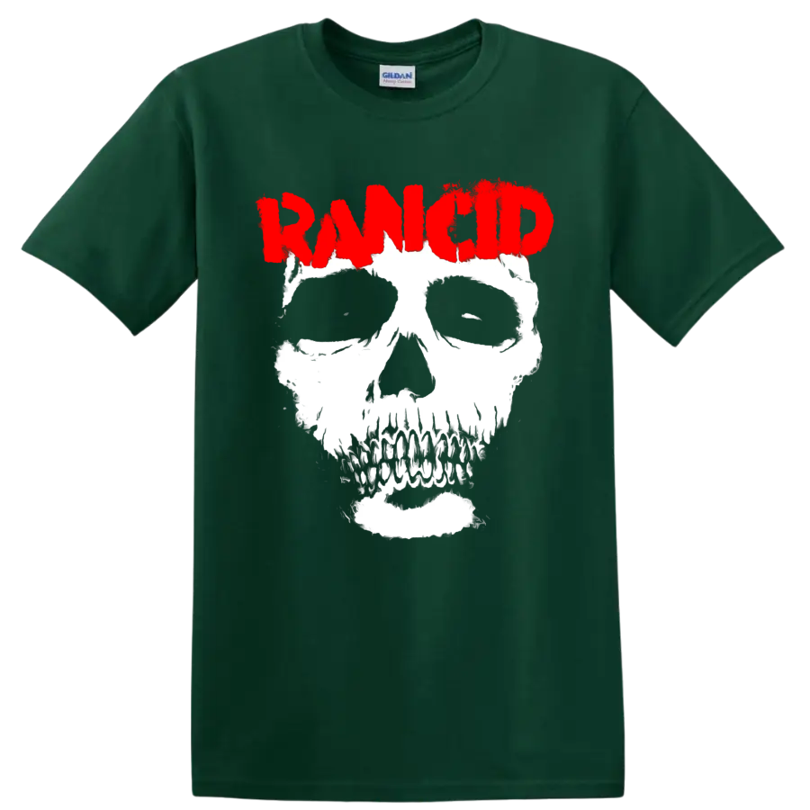 Rancid distressed red logo above a bold white skull punk graphic on a Forest Green T Shirt