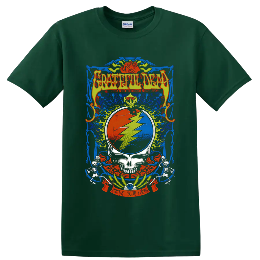 Grateful Dead Steal Your Face skull lightning bolt with roses, wings, and skeletons on a Forest Green T Shirt