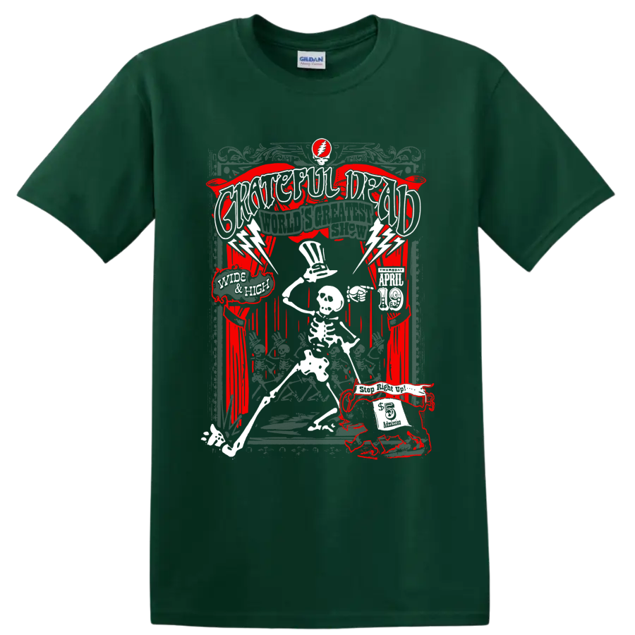 Grateful Dead World's Greatest Show skeleton and lightning concert poster graphic on a Forest Green T Shirt
