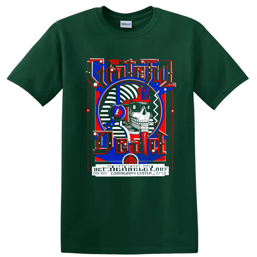 Grateful Dead Pharaoh skull poster with headphones and lightning bolt emblem on a Forest Green T Shirt