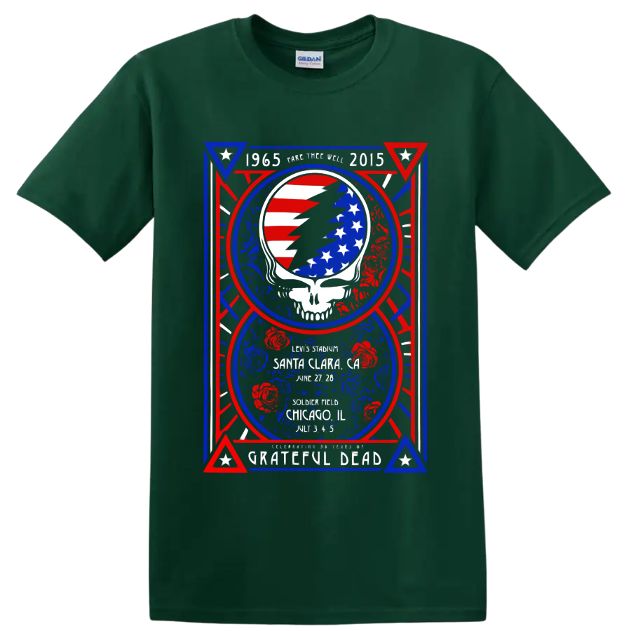Grateful Dead Fare Thee Well poster with American flag lightning skull and roses on a Forest Green T Shirt