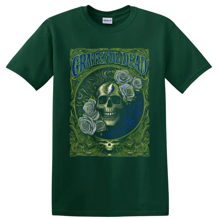 Grateful Dead psychedelic skull and roses poster art with lightning bolt symbol on a Forest Green T Shirt