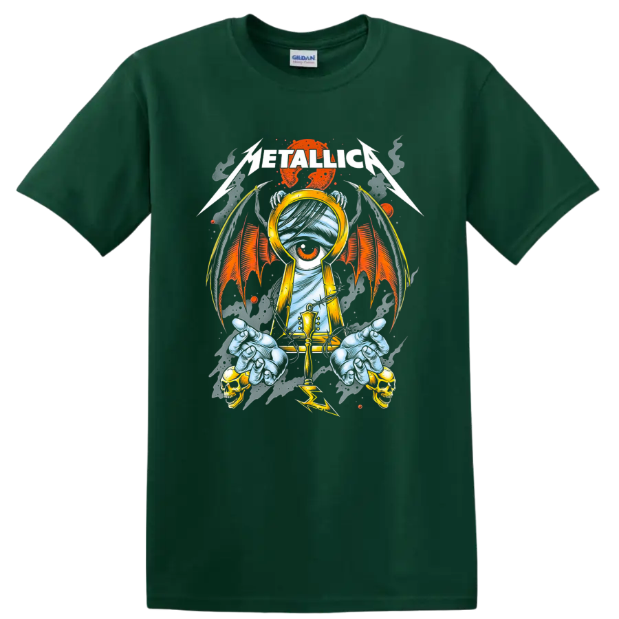 Metallica gothic keyhole eye artwork with bat wings, skulls, claws, and lightning on a Forest Green T Shirt
