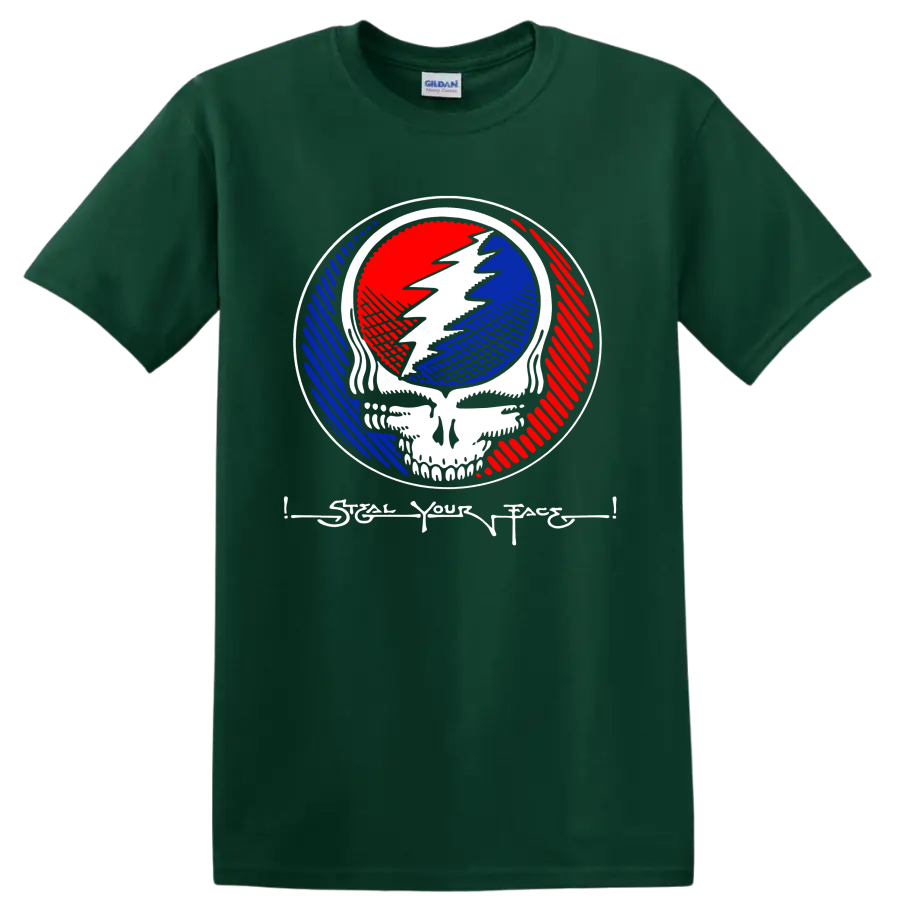 Grateful Dead Steal Your Face skull and lightning emblem in red, white, and blue on a Forest Green T Shirt