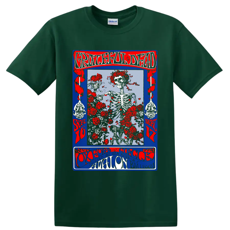 Grateful Dead skeleton and red roses distressed psychedelic concert poster graphic on a Forest Green T Shirt