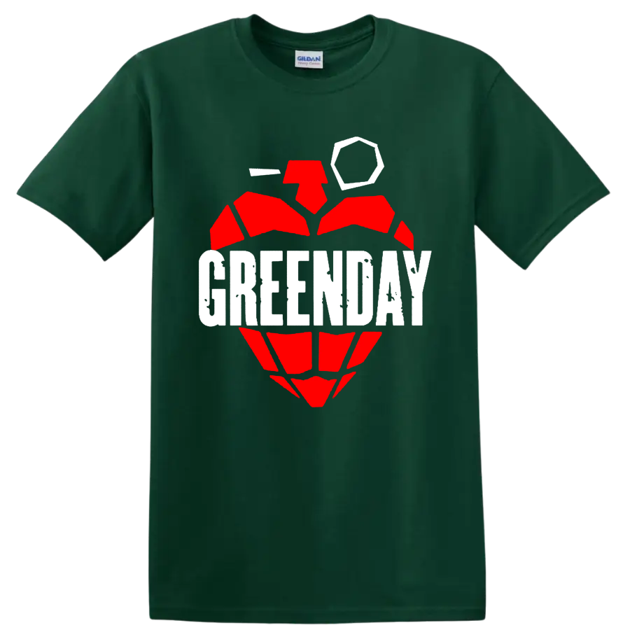 Green Day text over a distressed red grenade-heart punk rock graphic on a Forest Green T Shirt