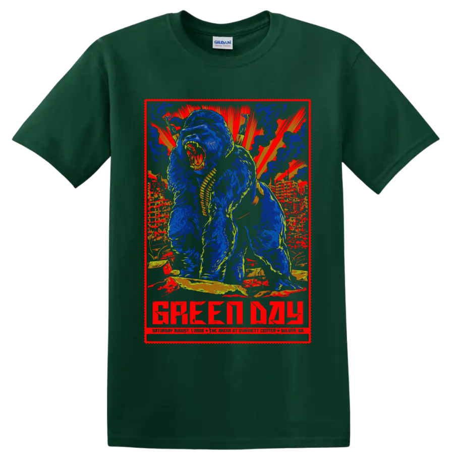 Green Day Duluth 2009 concert-poster graphic with roaring gorilla and sunburst on a Forest Green T Shirt