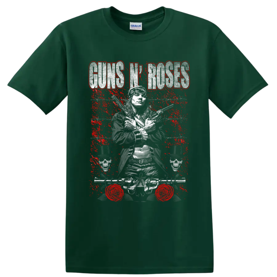 Axl Rose Guns N' Roses distressed rock graphic with crossed pistols and skulls on a Forest Green T Shirt